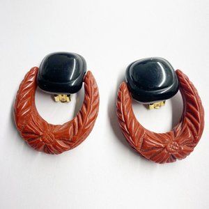 Large Orange Door Knocker Clip On Earrings Black and Carved Vintage